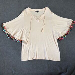 RXB Pom Pom Bell Sleeve Top Womens Small Cream Boho Lace Up Tassel Excellent
